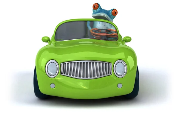 Веселый Персонаж Лягушки Автомобилем Иллюстрация — стоковое фото