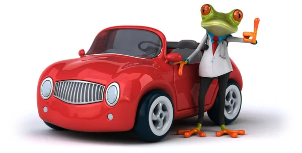 Веселый Персонаж Лягушки Автомобилем Иллюстрация — стоковое фото