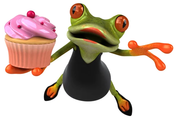 Personagem Divertido Sapo Com Cupcake Ilustração — Fotografia de Stock