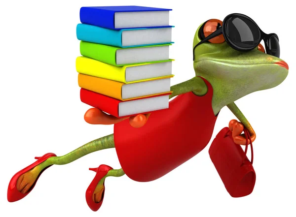 Kitaplar Ile Eğlenceli Kurbağa Karakteri Llüstrasyon — Stok fotoğraf