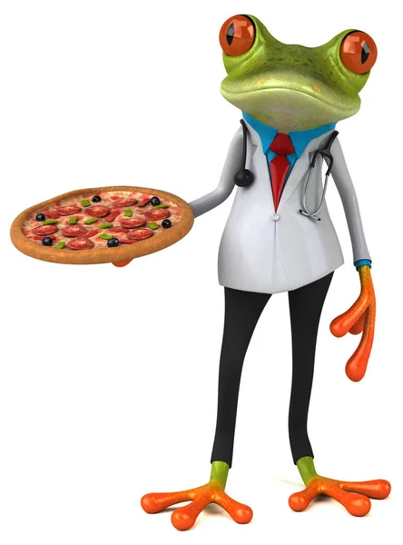 ピザと楽しいカエルのキャラクター 3Dイラスト — ストック写真