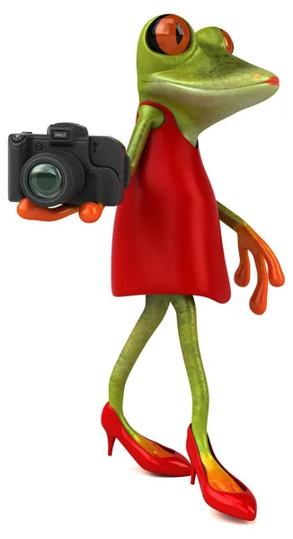 有趣的青蛙字符与相机 3D插图 — 图库照片