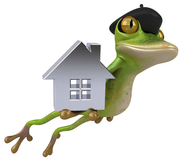 有趣的青蛙字符与房子 3D插图 — 图库照片