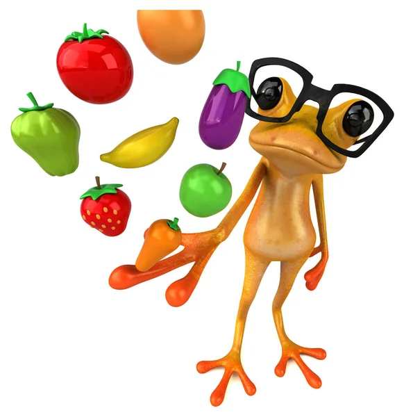 果物と楽しいカエルのキャラクター 3Dイラスト — ストック写真