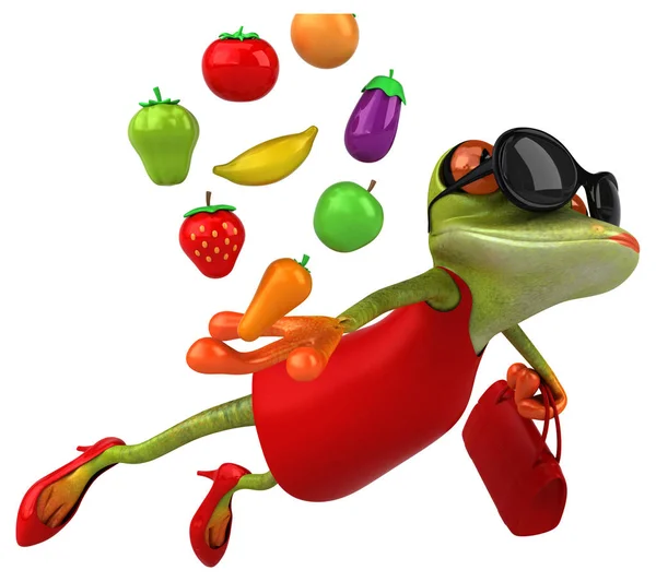 果物と楽しいカエルのキャラクター 3Dイラスト — ストック写真