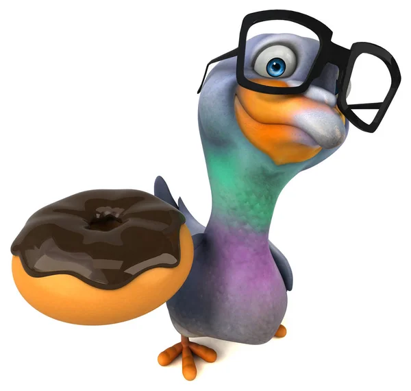 有甜甜圈的有趣的鸽子 3D插图 — 图库照片