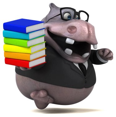 Kitaplar ile Eğlenceli su aygırı - 3d İllüstrasyon