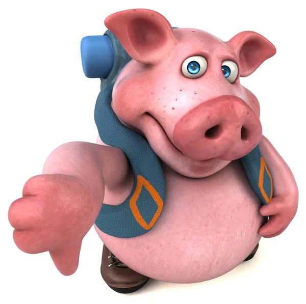 楽しいバックパッカー豚漫画キャラクター イラスト — ストック写真