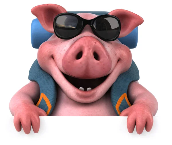 楽しいバックパッカー豚漫画キャラクター イラスト — ストック写真