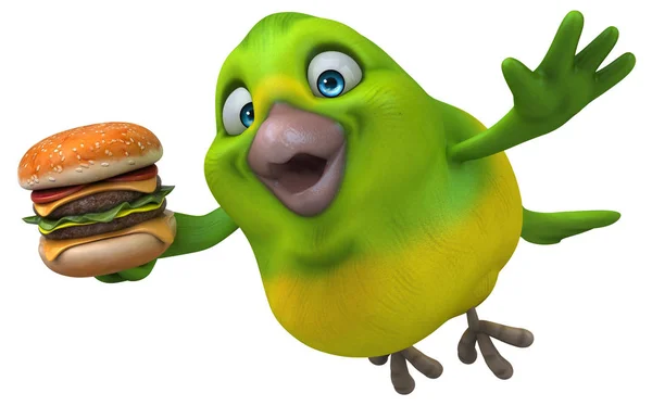 Leuke Groene Vogel Met Hamburger Illustratie — Stockfoto