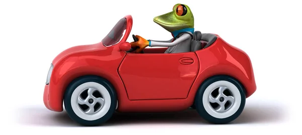 車で楽しむカエル 3Dイラスト — ストック写真