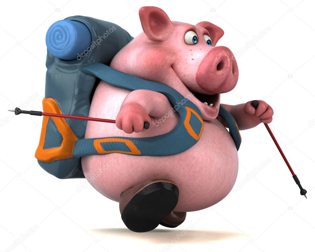 Fun backpacker pig cartoon character - illustration 