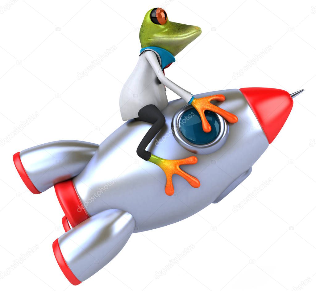 Fun frog  on rocket - 3D Illustration