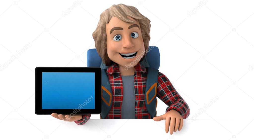 Fun cartoon character with tablet   - 3D Illustration
