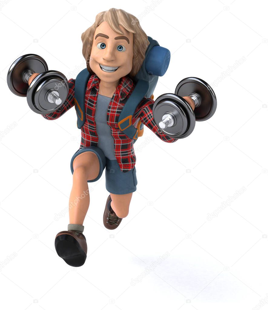 Funny cartoon character with weights  - 3D Illustration
