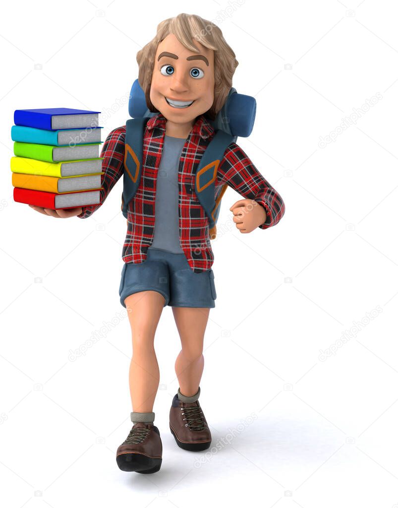 Funny cartoon character with books  - 3D Illustration