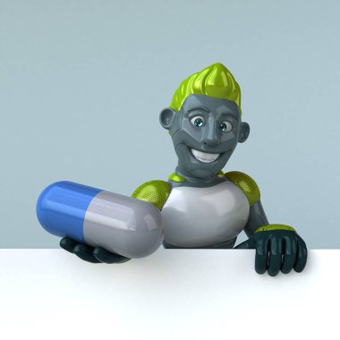 Komik çizgi film karakteri ile hap - 3d çizim