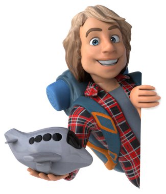 Eğlenceli çizgi film karakteri ile uçak - 3d çizim