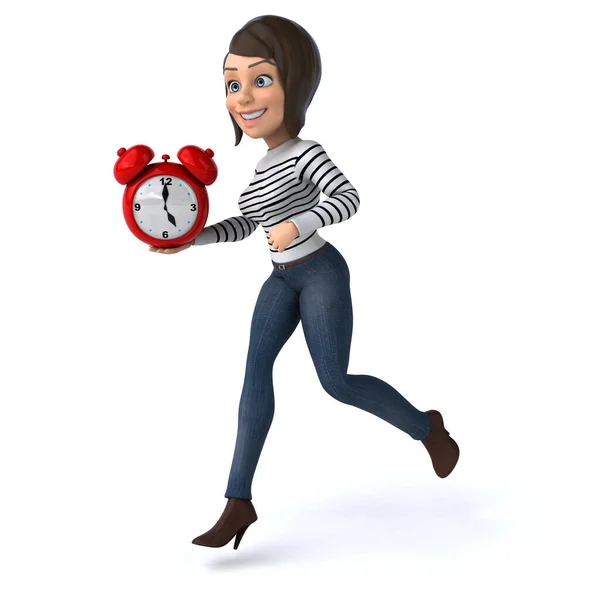 Divertida Mujer Personaje Casual Dibujos Animados Con Reloj Ilustración — Foto de Stock