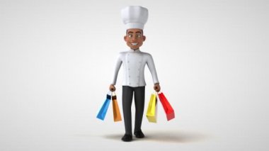 Alışveriş torbalarıyla gezen eğlenceli şef karakteri - 3 boyutlu animasyon 