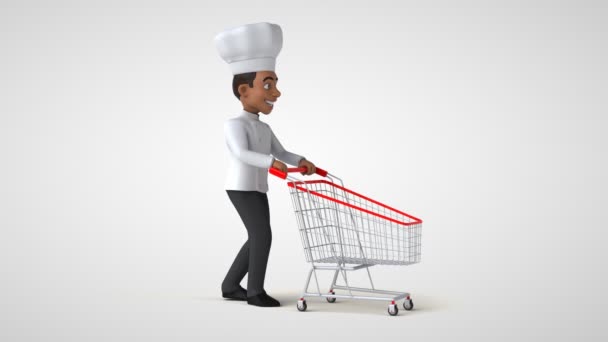 Fun Chef Character Walking Shopping Cart Animation — Stock Video