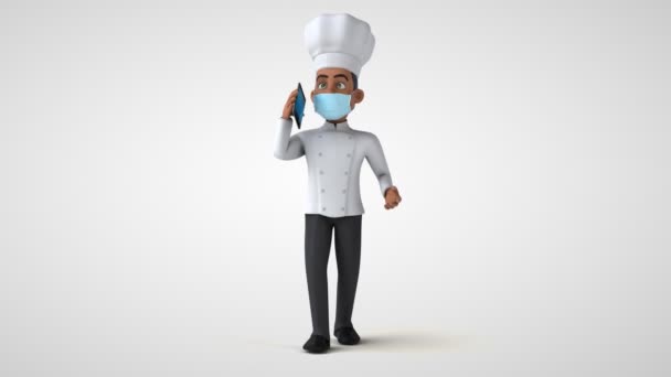 Animação Chef Personagem Desenho Animado Com Uma Máscara Falando Smartphone — Vídeo de Stock