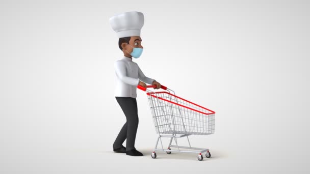 卡通人物厨师带着带购物车的面具的3D动画 — 图库视频影像