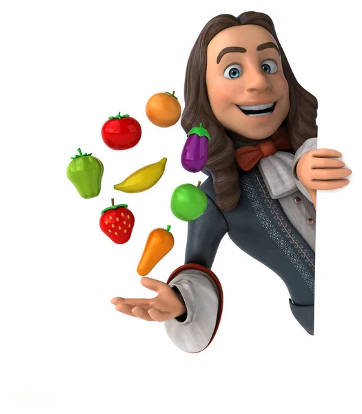 3D Illustration of a cartoon man in historical baroque costume with fruits