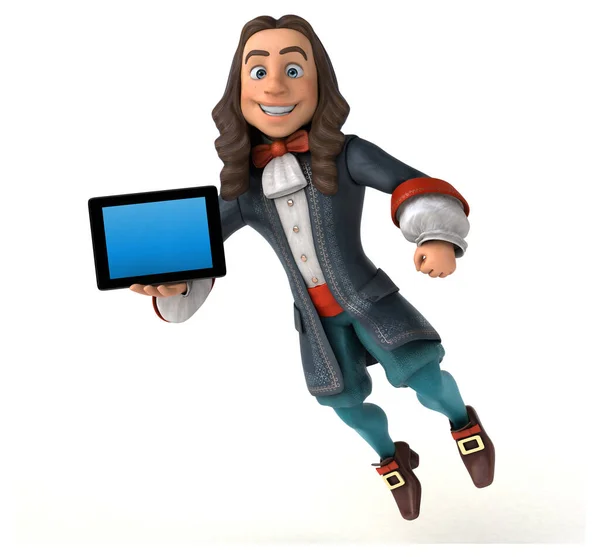 3D Illustration of a cartoon man in historical baroque costume with tablet  - 3D Illustration