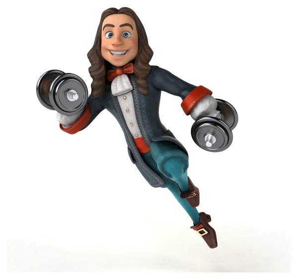 3D Illustration of a cartoon man in historical baroque costume with  weights
