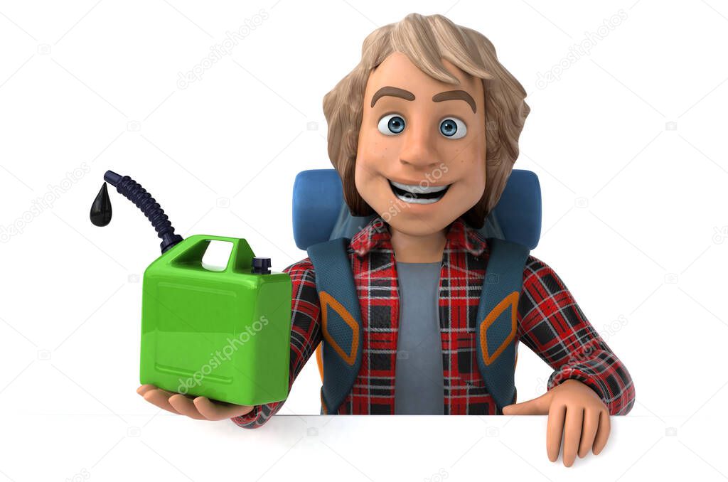 Fun backpacker cartoon guy with oil - 3D Illustration