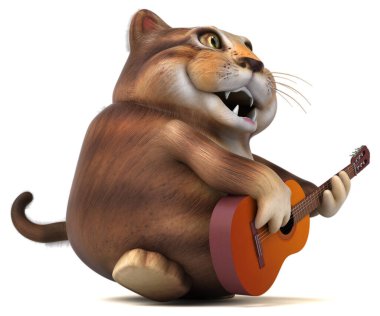 Gitarlı eğlenceli kedi - 3D Görüntü