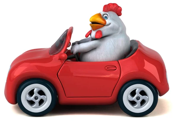 車の上の楽しい鶏 3Dイラスト — ストック写真
