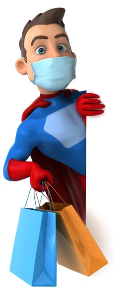Fun Cartoon Superhelden Figur Mit Maske Shopping — Stockfoto