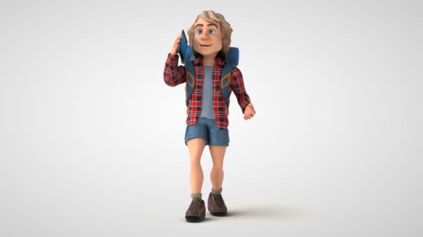 Człowiek Backpacker Postać Smartfonem Animacja — Wideo stockowe