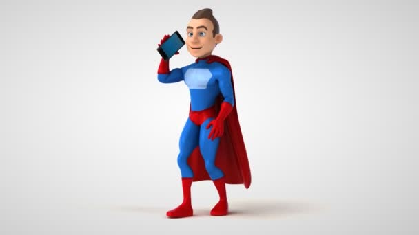 Rolig Superhjälte Tecknad Karaktär Med Smartphone Animation — Stockvideo