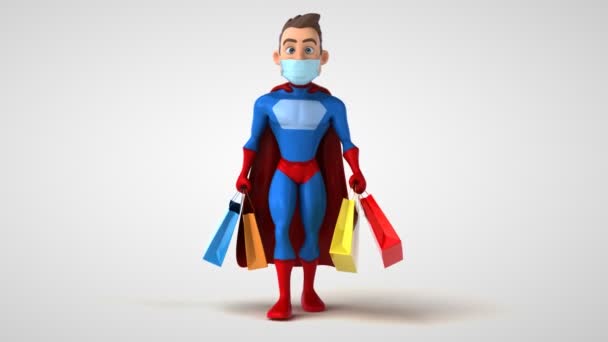 Fun Cartoon Superhelden Figur Mit Maske Shopping — Stockvideo