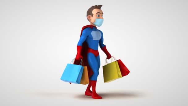 Fun Cartoon Superhero Character Mask Shopping — Stock Video