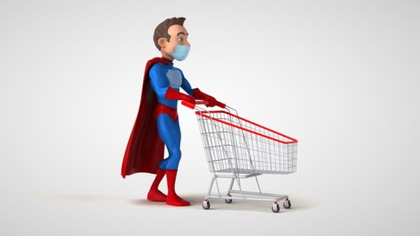 Divertente Personaggio Supereroe Dei Cartoni Animati Con Una Maschera Shopping — Video Stock