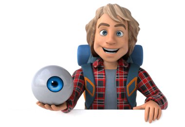 Eğlenceli sırt çantalı, gözü olan çizgi film adamı. 