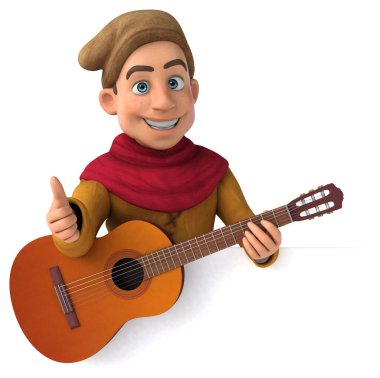 Gitarlı bir ortaçağ tarihi karakterinin 3D görüntüsü 