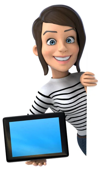 Fun Cartoon Casual Charakter Frau Mit Tablet — Stockfoto