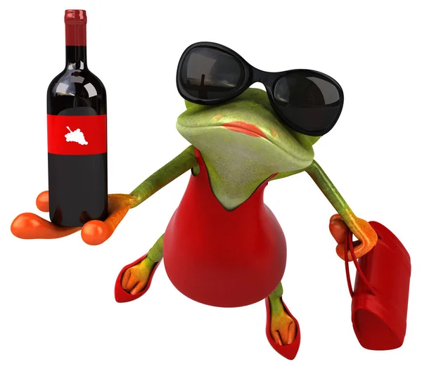 ワインと楽しいカエル 3Dイラスト — ストック写真