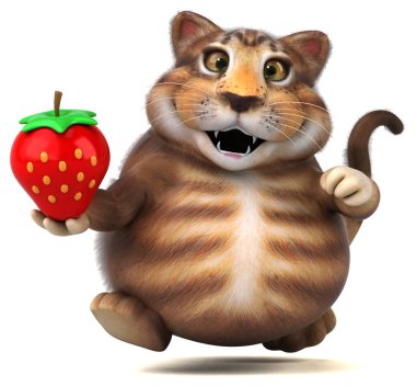 Eğlenceli kedi - çilekli - 3D İllüstrasyon