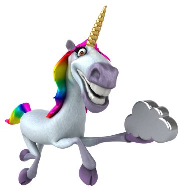 Bulutlu eğlenceli tek boynuzlu at - 3D İllüstrasyon