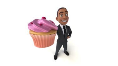 Eğlenceli iş adamı elinde kek tutuyor.   