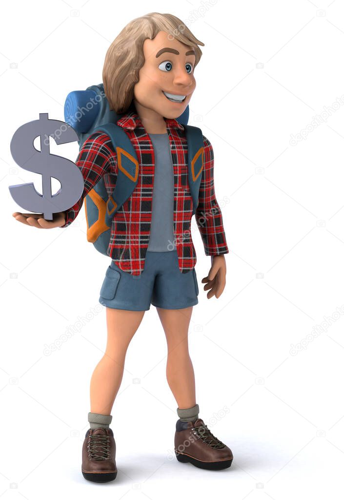 Fun backpacker cartoon guy with dollar 