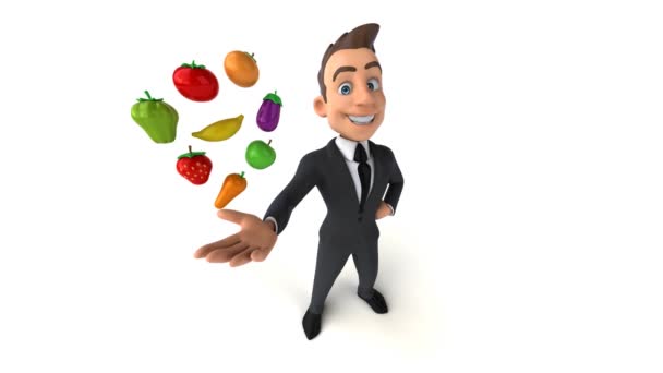 Uomo Affari Dei Cartoni Animati Con Verdure Frutta Isolate Bianco — Video Stock
