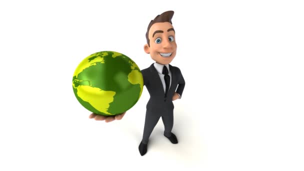 Fun Businessman Holding Planet — Stock Video