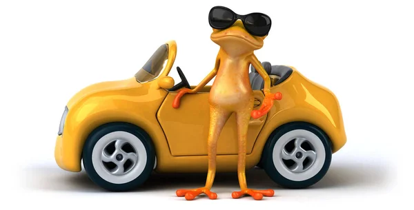 車の上の楽しいカエル 3Dイラスト — ストック写真